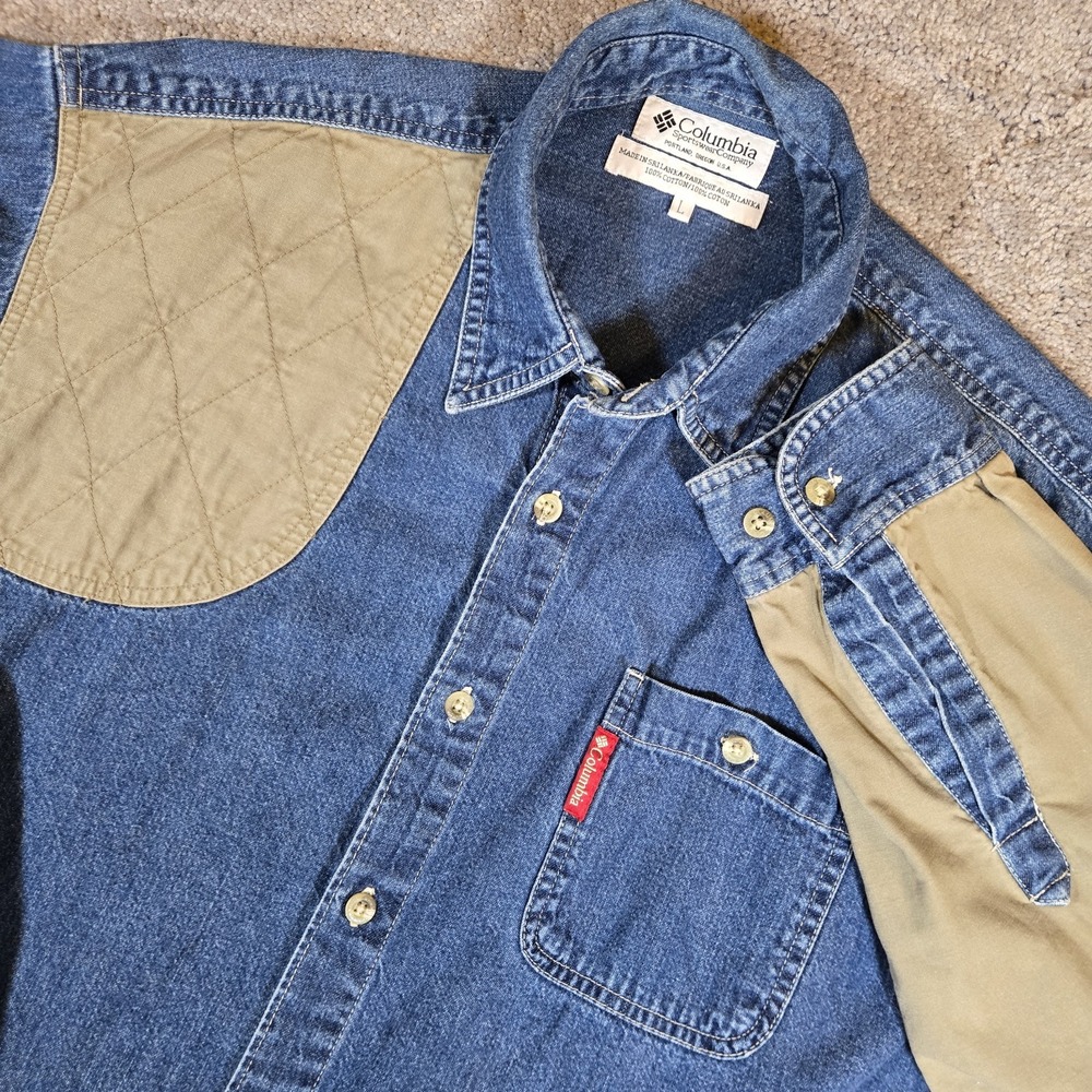 Vintage Columbia Denim Patch Shooting Hunting Button Up Mens Large